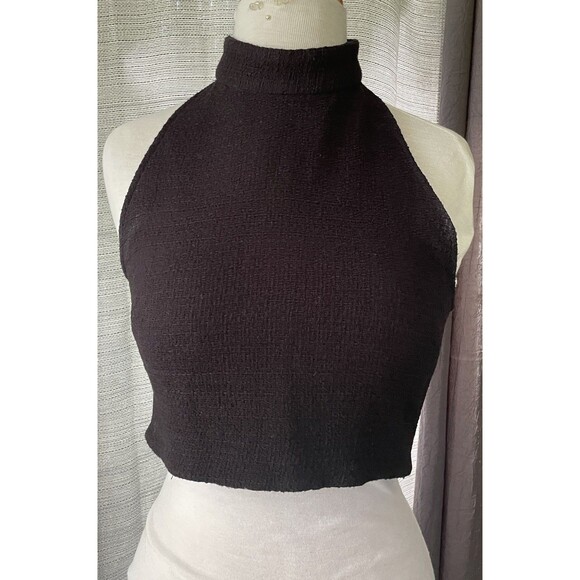 Zara Solid Black Tweed Mock Neck Sleeveless Crop Top Size Small- Neck & Side Zip - Picture 1 of 5